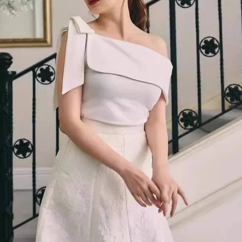 Женская рубашка с открытыми плечами необычная блузка бантом и