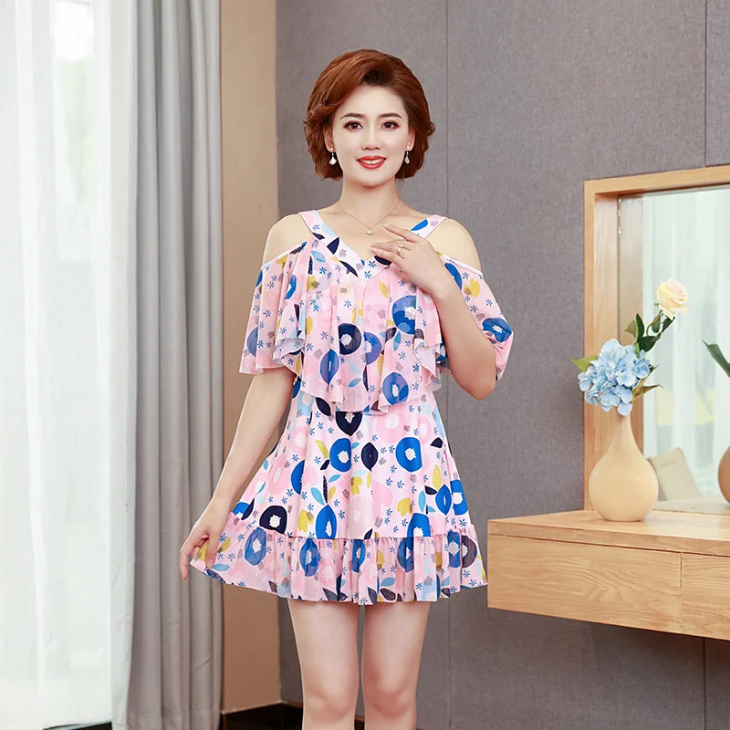 

Off Shoulder Plus Size Swimming Suit for Women Floral Print Swimdress Push Up One Piece Swimsuit Ladies Tummy Control Swimwear