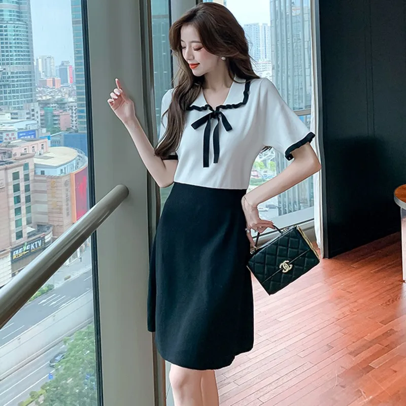 

Женское Повседневное трикотажное платье с коротким рукавом и бантом на кукольном воротнике, лето 2022