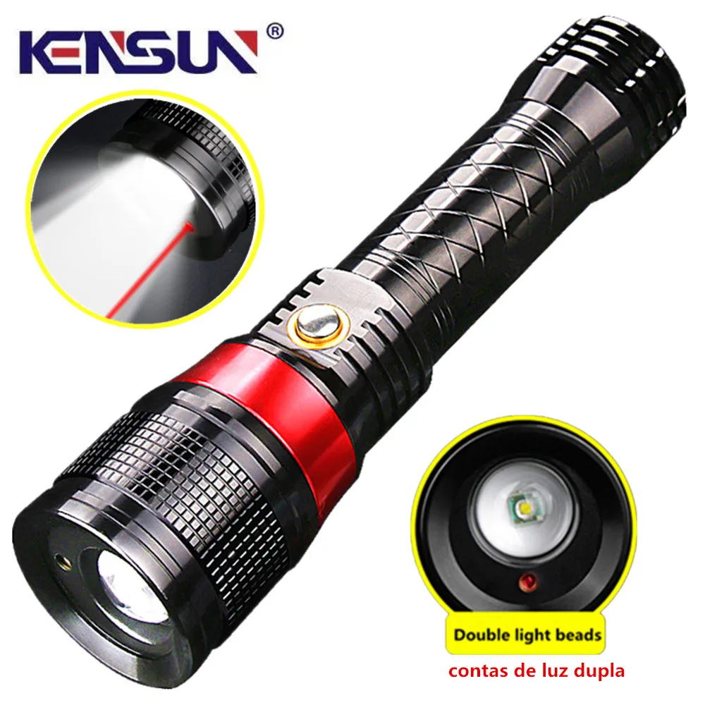 Linterna láser + T6 LED potente, luz fuerte con zoom, carga portátil, Patrulla de caza, luz de pesca nocturna