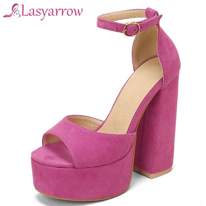 

Lasyarrow Summer Ankle Strap Sandal 14cm Women Sexy Peep Toe Square High Heels Woman Shoes Flock Platform Wedding Party Shoes