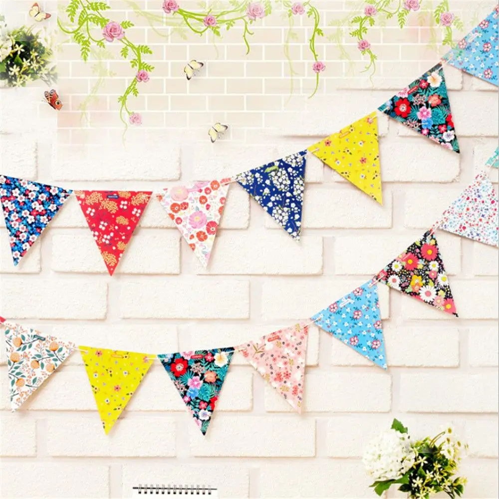 12pcs Vintage Flower Print  Flags DIY Paper Bunting Flags Birthday Party Wedding Festival Pennant String Banner Buntings