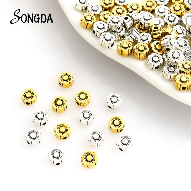 

50pcs 6x6m Sukura Flower Small Hole Spacer Beads Antique Silver Plated Alloy Loose Bead Charms DIY Jewelry Making Bracelet Gift