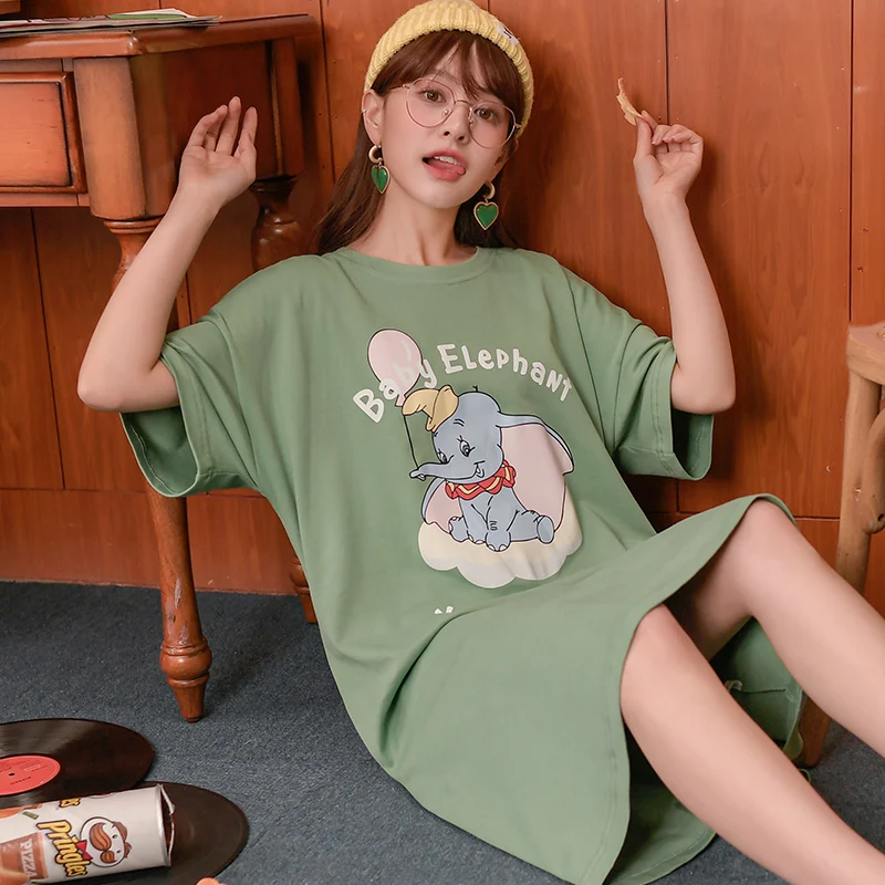 Disney Cartoon Dumbo Cute Kawaii Cotton Night Sleepshirts for Women Short Sleeve Loose Sleepwear Home Service Nightgown Summer