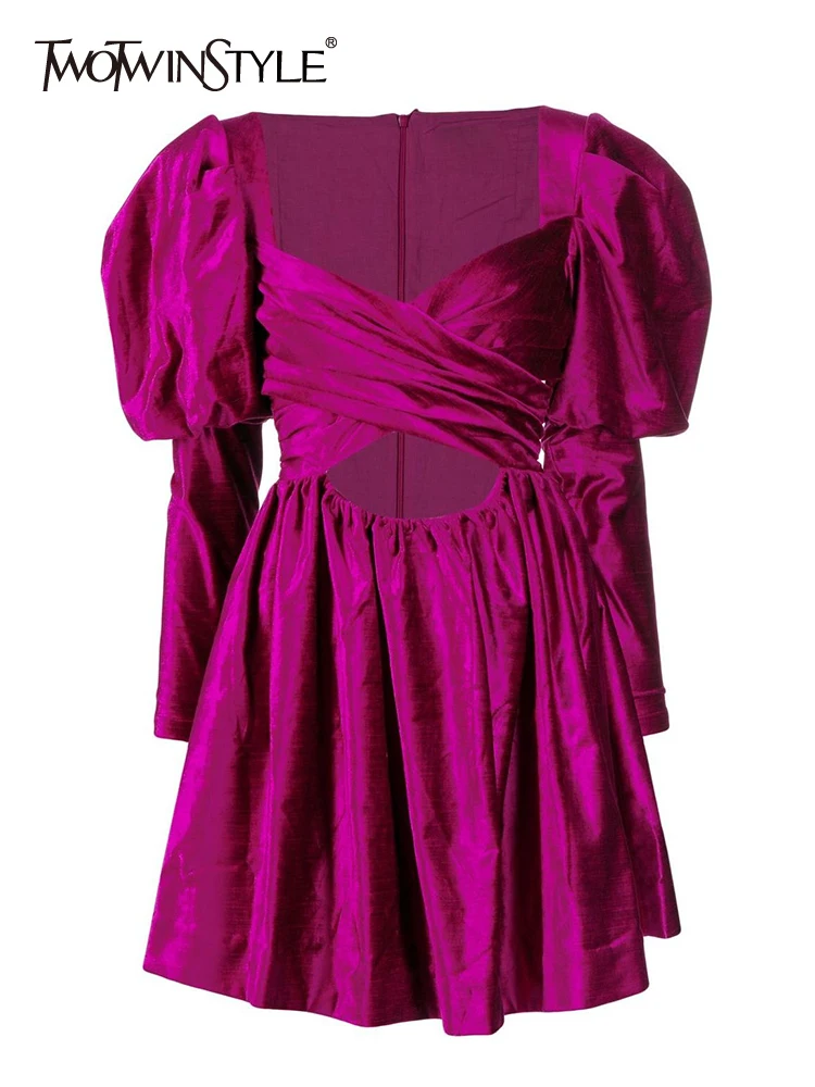 

TWOTWINSTYLE Sexy Mini Dress For Women Square Collar Puff Sleeve High Waist Cut Out Solid Dresses Female Clothing Summer Clothes