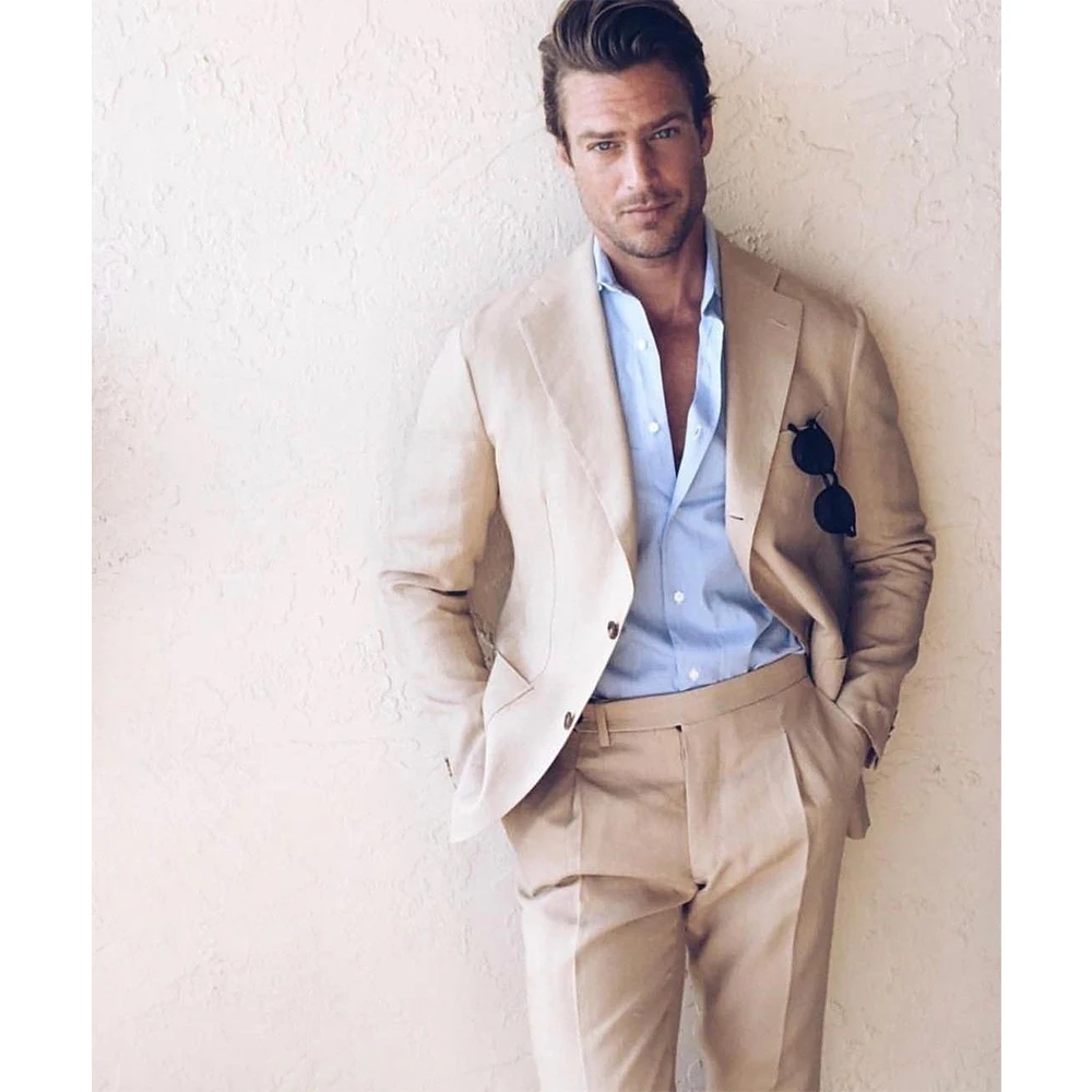 Мужской льняной однобортный костюм винтажный свадебный из двух предметов пиджак