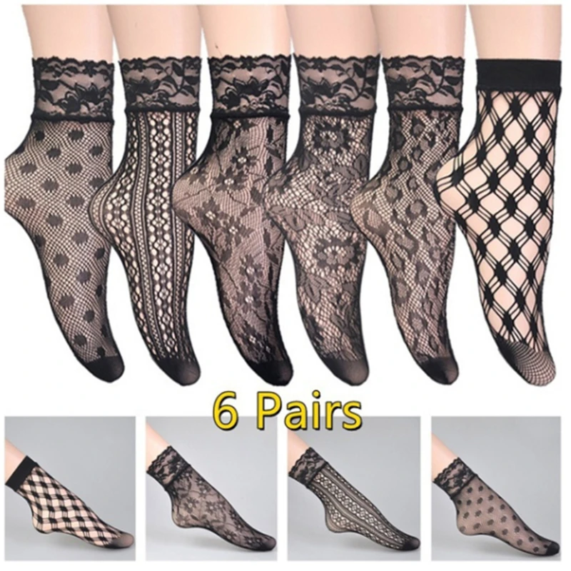 

Women's Socks Lace Invisible Thin Ladies Lace Sock Hollow Out Sexy Black Non-slip Summer Gothic Sock Female 6 Pairs Socks