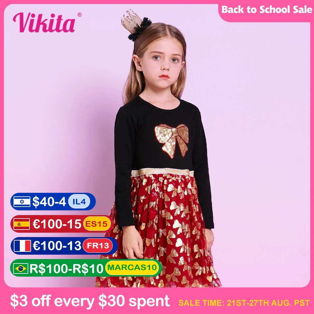 

VIKITA Children Princess Dress Girls Red Skirt Baby Girl Long Sleeve Clothes Kids Party Dresses for Girls Bow-Knot Xmas