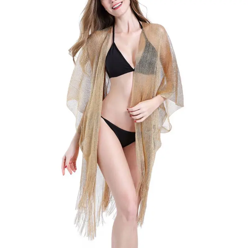 Женское летнее кимоно с металлическим блеском однотонное длинными кисточками и
