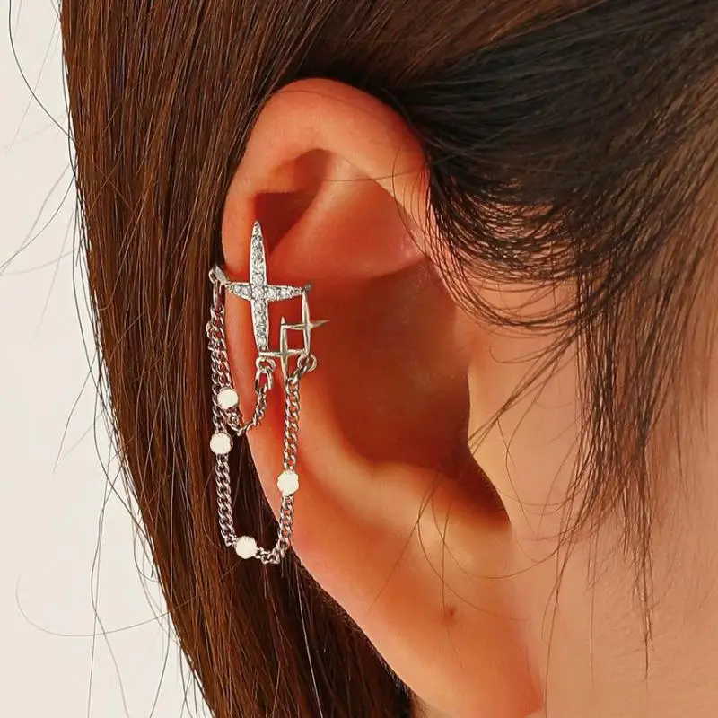 

Crystal Tassel Star Clip Earrings For Women Zircon Earing Cross Chain Without Hole Fake Earrings Single Ear Clip Earings CF2