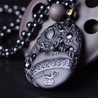 chinese natural black obsidian hand carved golden toad pendant fashion boutique jewelry mens necklace gift