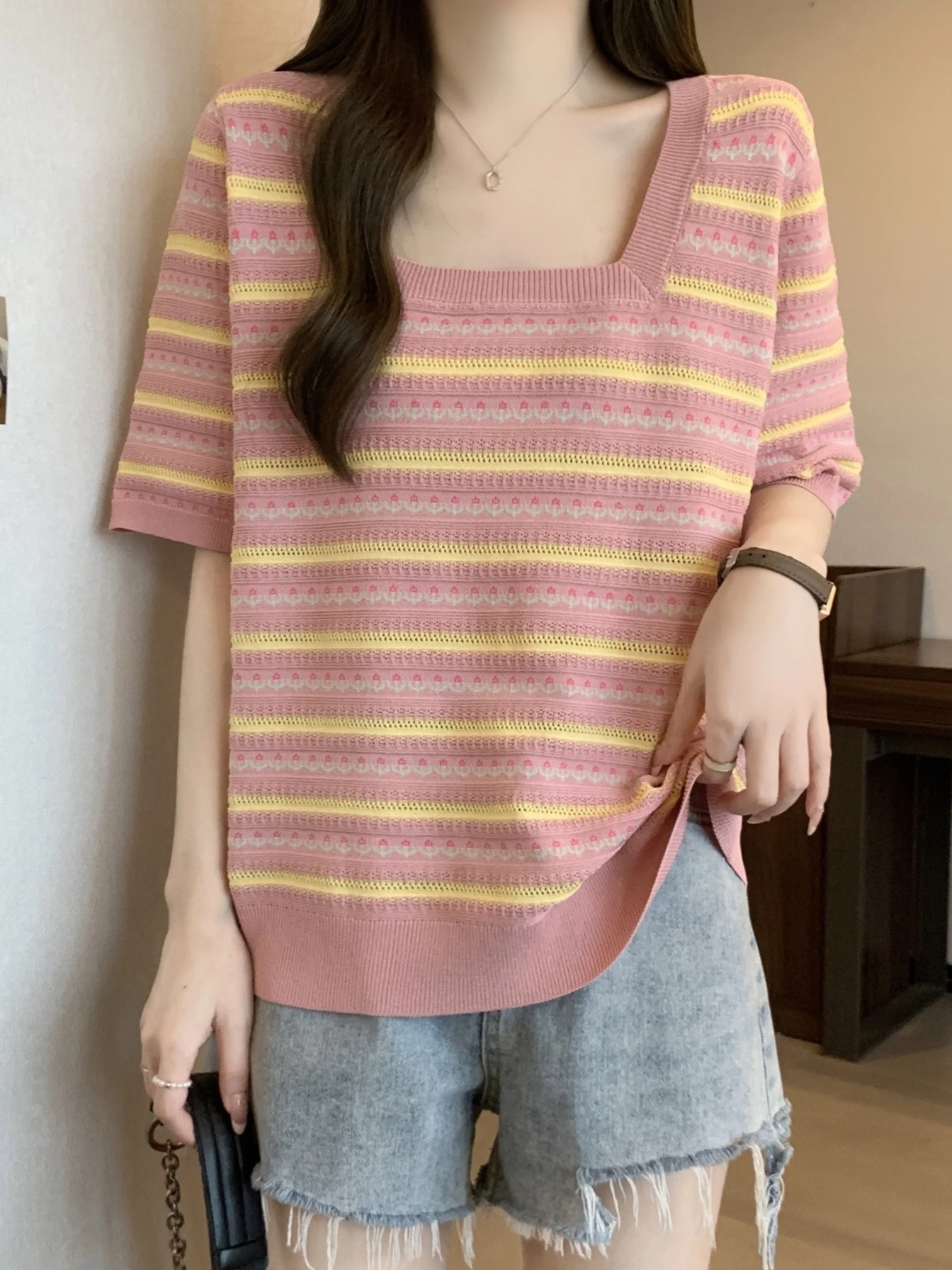 Plus Size Plus size women clothing Belly Covering Stripe Contrast Color Short sleeve Bottoming Shirt Summer Chubby Girl Loose...