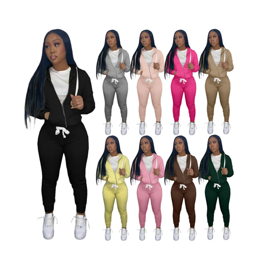 

Женский спортивный костюм из двух предметов, однотонная Толстовка с длинным рукавом и брюки с капюшоном, повседневный спортивный костюм, 5953