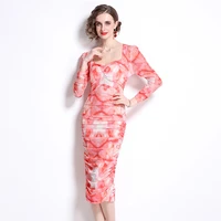 banulin spring summer floral print mesh stretch sheath dress women sexy square collar puff sleeve ruched party club dress