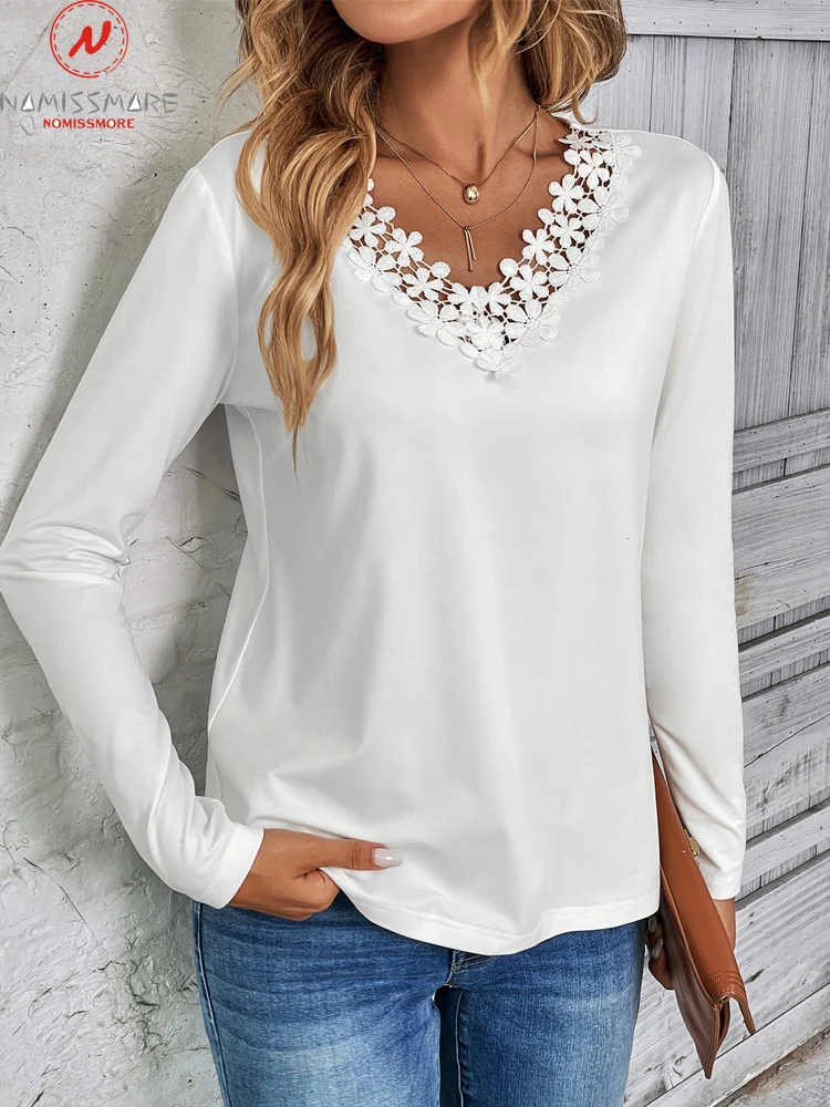 

Модные Женские однотонные футболки лоскутный Дизайн Кружевной декор V-образный вырез длинный рукав осенние повседневные свободные пуловеры Топ