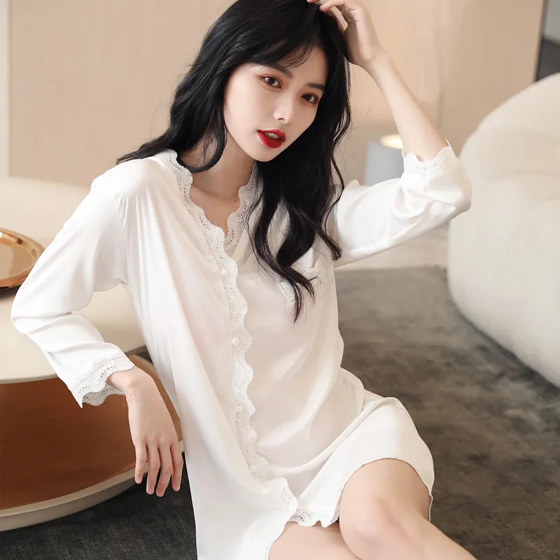 summer sexy silk Women's pajamas cardigan lace Nightdress solid color long sleeve Ice silk at home thin home clothes Sleepwear