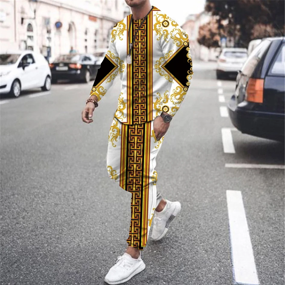 Tracksuit Set Men 2 Piece Men's Clothing Suit Ice Silk Summer Streetwear Luxury Vintage 3D Long Sleeve Printed Man Sportswea