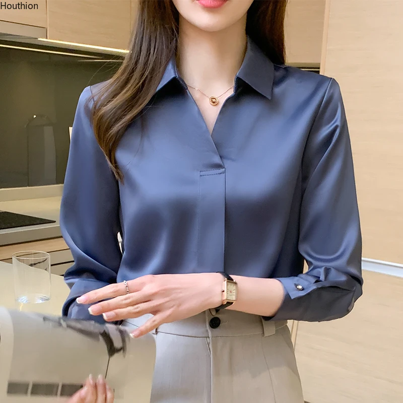 

Houthion Satin Shirt Women's Blouses Long Sleeve Top New Casual Poplin Fashion Solid Color V-neck Summer Loose Female Clothing