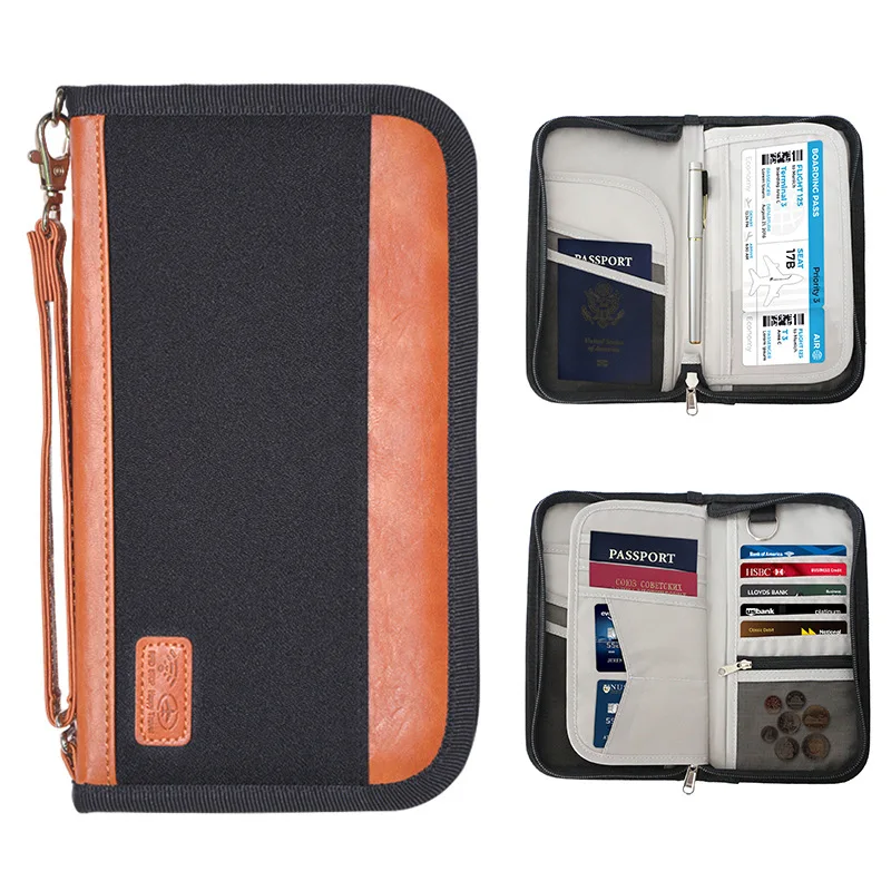 Passport bag Travel document storage bag ticket clip neck Passport bag RFID card bag multi-function zipper portable wallet
