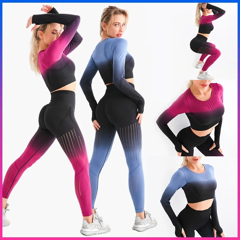 

Seamless Yoga Set Sport Clothing For Woman High Waist Running Leggings Workout Pants Sportswear Long Sleeve Fitness Sports Suits