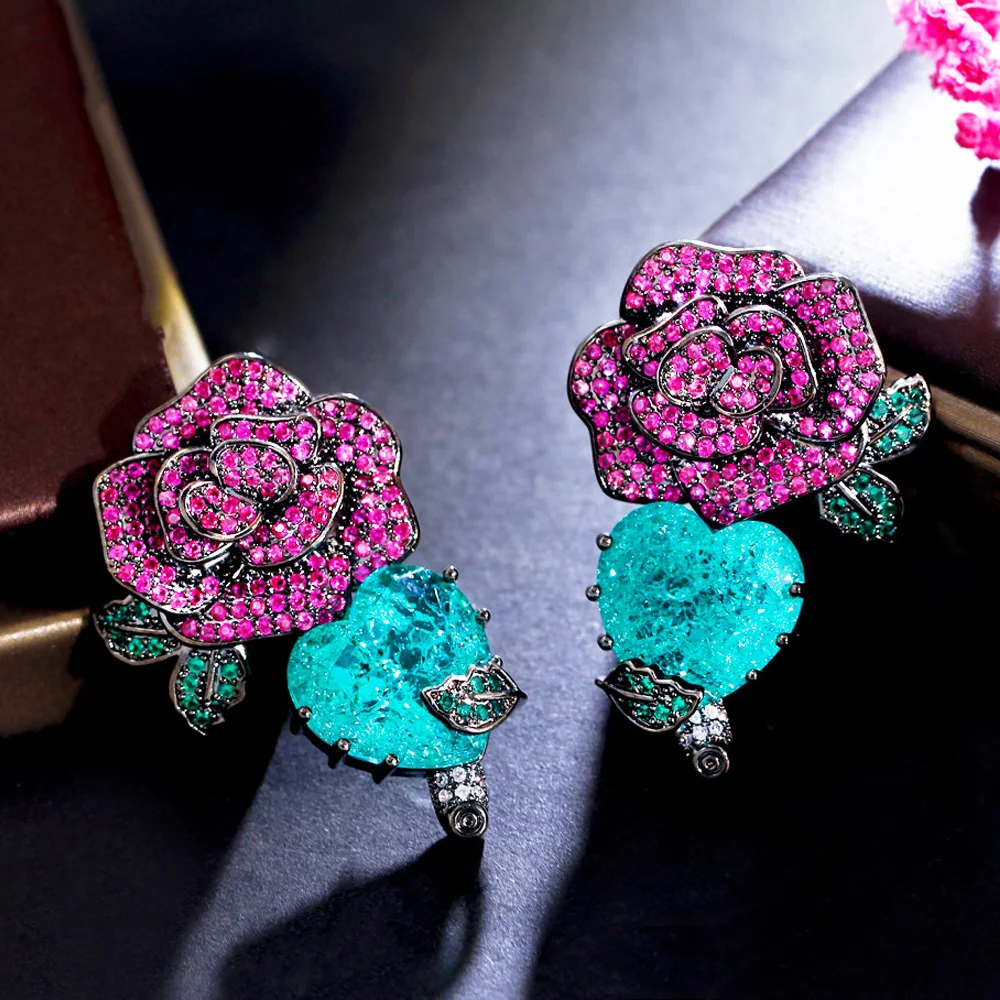 

CWWZircons Popular Creative Pink Red Cubic Zirconia Big Flower Love Heart Drop Dangle Engagement Pageant Earring for Women CZ431