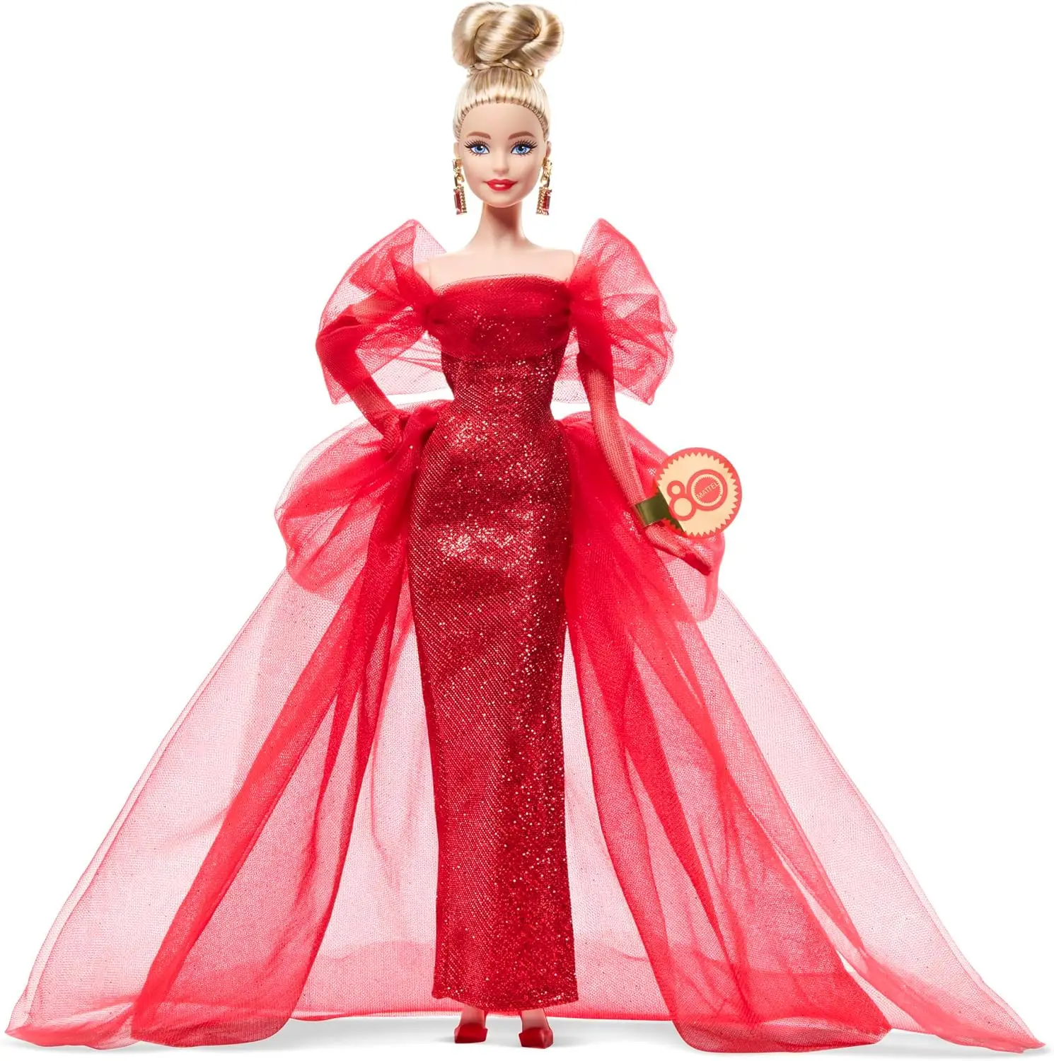 Оригинальная кукла Барби от Mattel, посвященная 80-летию, в блестящем красном платье, с серьгами, перчатками и аксессуарами, блондинка, масштаб 16, коллекционные игрушки. (art.: 3920da0aeec29) - 3920da0aeec29