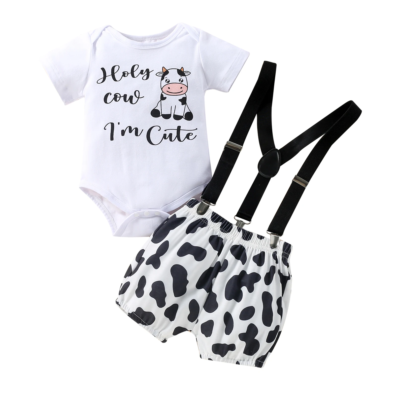 

2 Pieces Boys Suit Set, Letter Print Round Neck Short Sleeve Romper+ Suspender Shorts for Summer, 0-18 Months