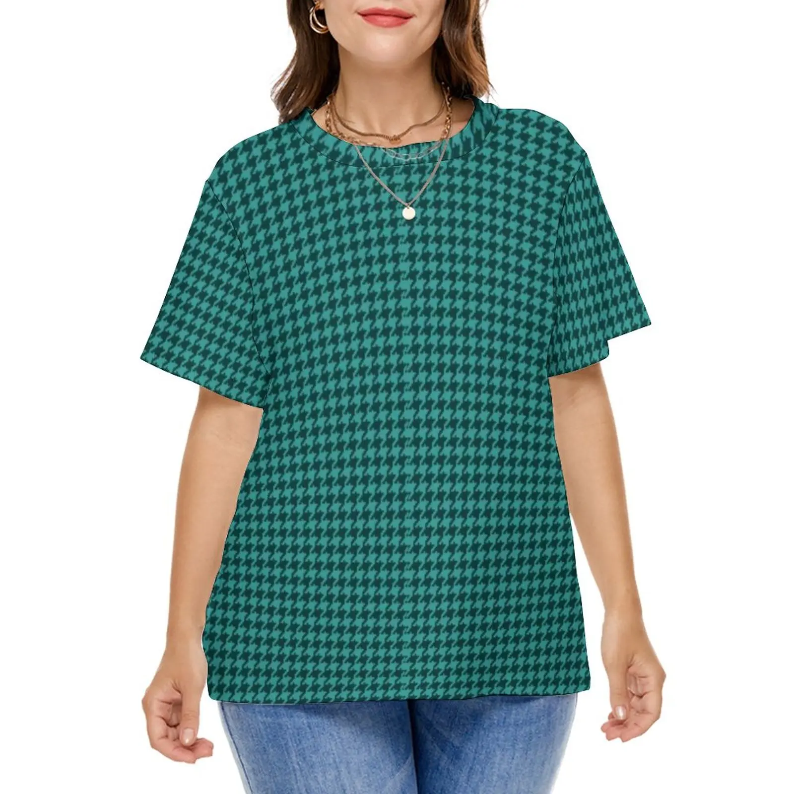 Green Black Houndstooth T-Shirt Small Pattern Trendy Modern T Shirts Short Sleeve Street Wear Print Tee Shirt Plus Size 7XL 8XL