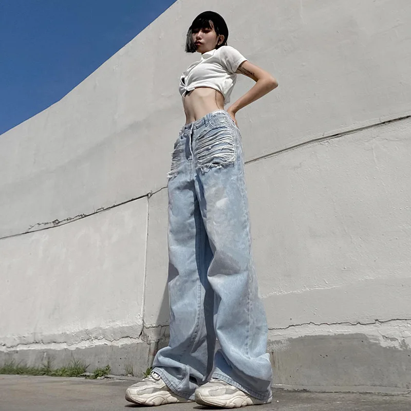 Women's Jeans Wide Leg Pants Trousers Women Streetwear Y2k Vintage Clothes Casual Distressed Jeans Gradient Loose Denim Pants