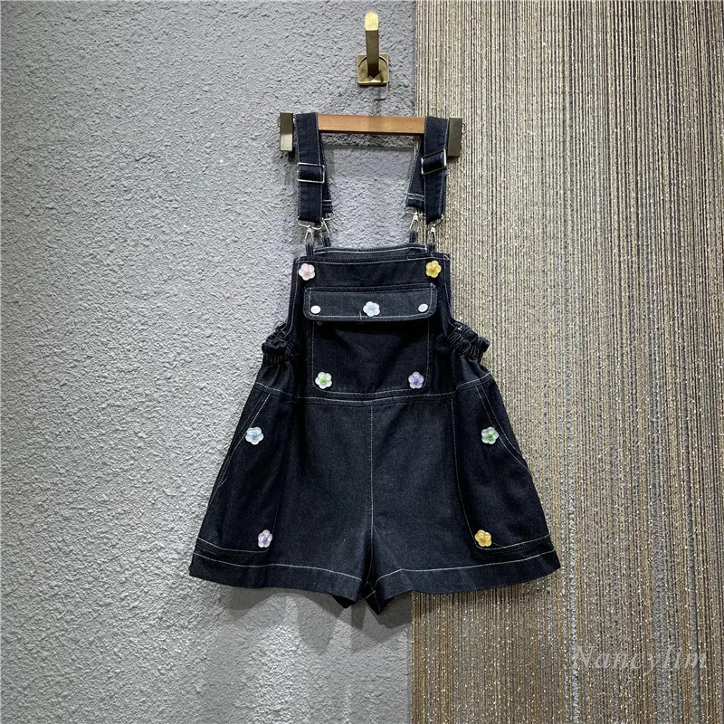 

Denim Suspender Shorts for Women 2022 Summer Autumn Casual Three-Dimensional Flower Wide Leg All-Match Overalls