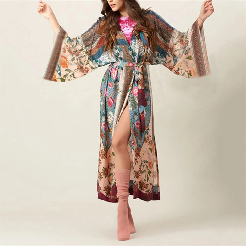 2022 Summer Floral Print Beach Cover Up Dress Tunic Long Pareos Bikinis Ups Swim Cardigan Robe Plage Beachwear |