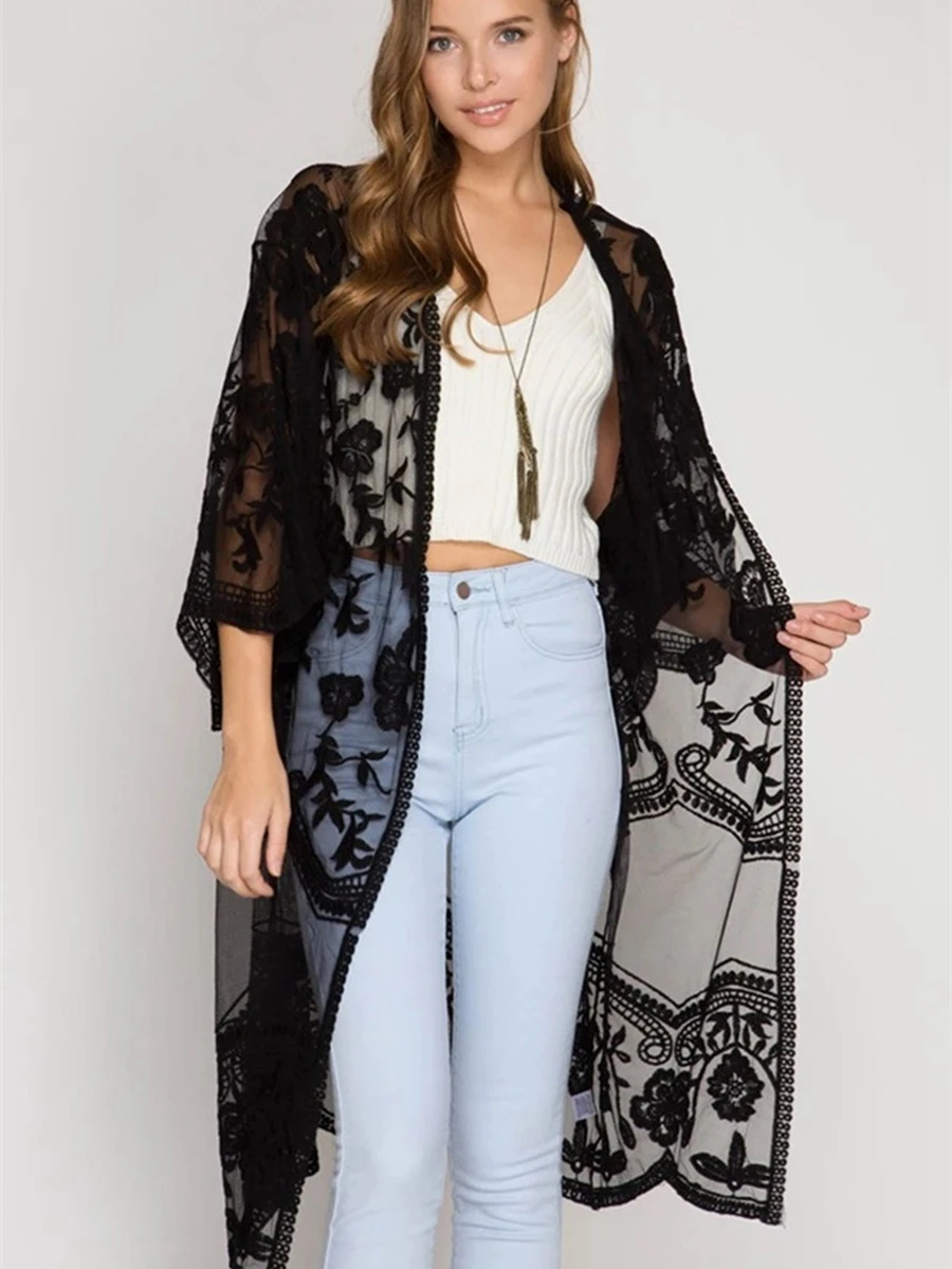

Женская Повседневная пляжная одежда, кардиган, однотонное прозрачное Сетчатое платье-накидка с цветочной вышивкой и рукавом 3/4