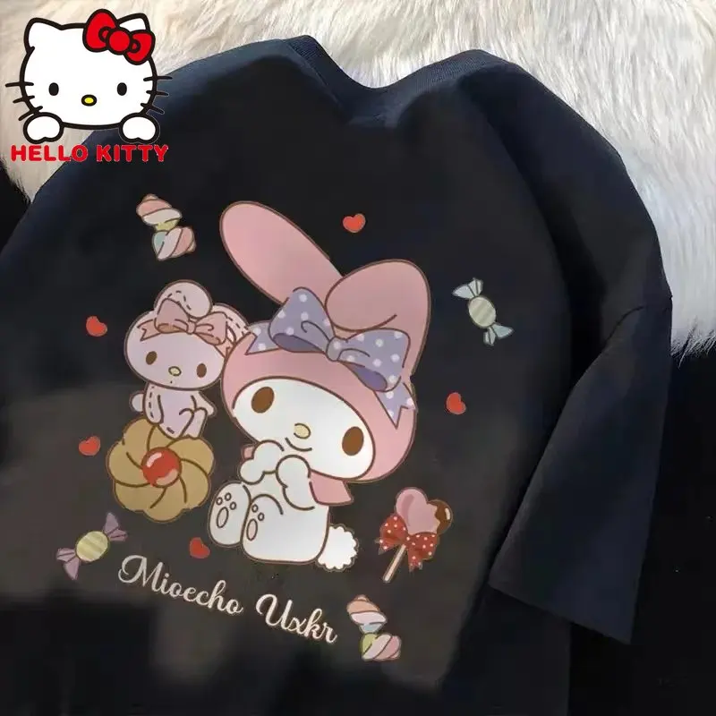 

Готические футболки Sanrio My Melody Kuromi свободные Kawaii мультфильм короткий рукав футболки укороченные топы Y2k женская одежда парные летние рубашки
