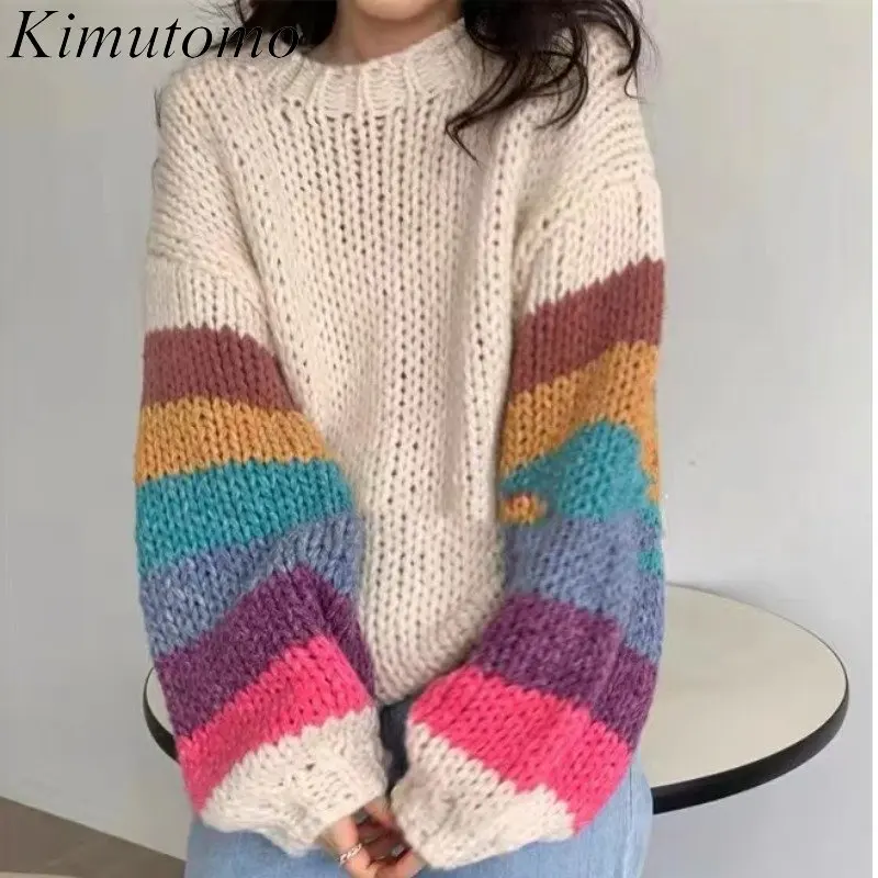 

Kimutomo Lazy Style Gentle Color Contrast Rainbow Stripe Sweater Woman Elegant O-neck Long Sleeves Versatile Pullover Ins New