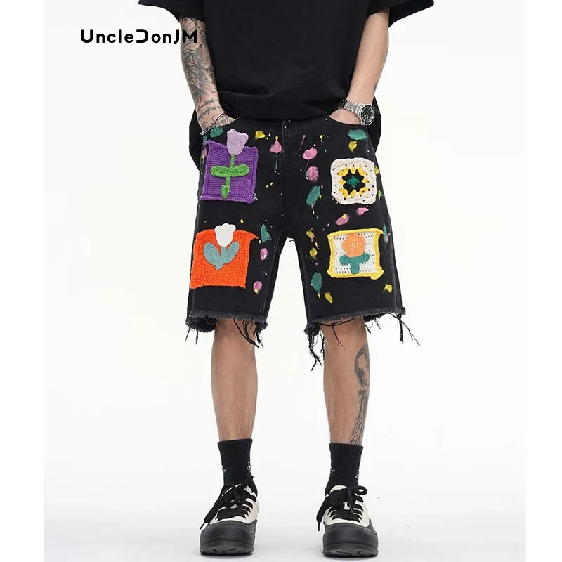 

UncleDonJM Graffiti Denim Shorts Pathches Flower Jorts Men Vibe Style Baggy Jorts Streetwear Y2k Jeans for Men