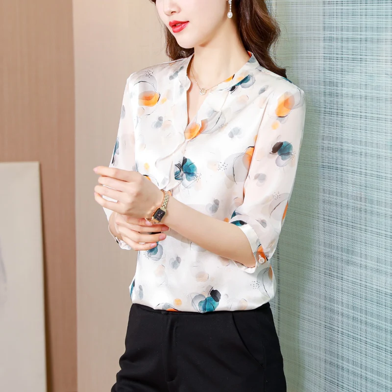 

Chiffon Women's Blouses Summer Printing Short Sleeve Top New Casual Korean Fashion V-neck Shirt Movafag
