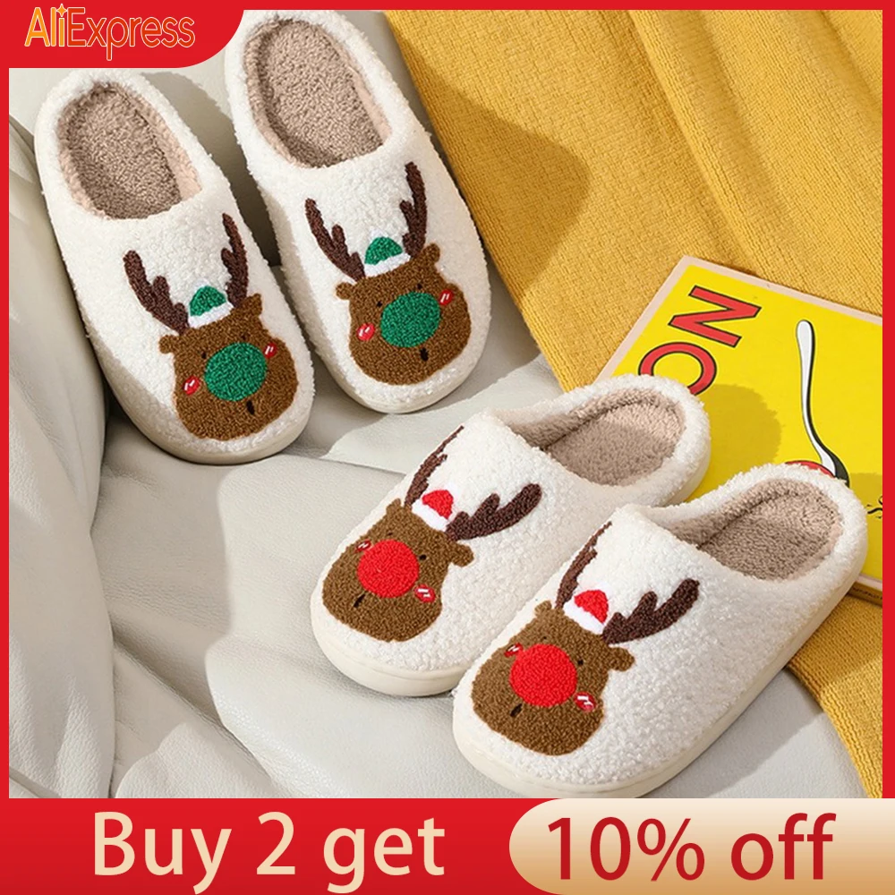

Популярные рождественские тапочки с оленем, хлопковые домашние меховые милые шлепанцы для девочек, сланцы для спальни, Женская плюшевая об...