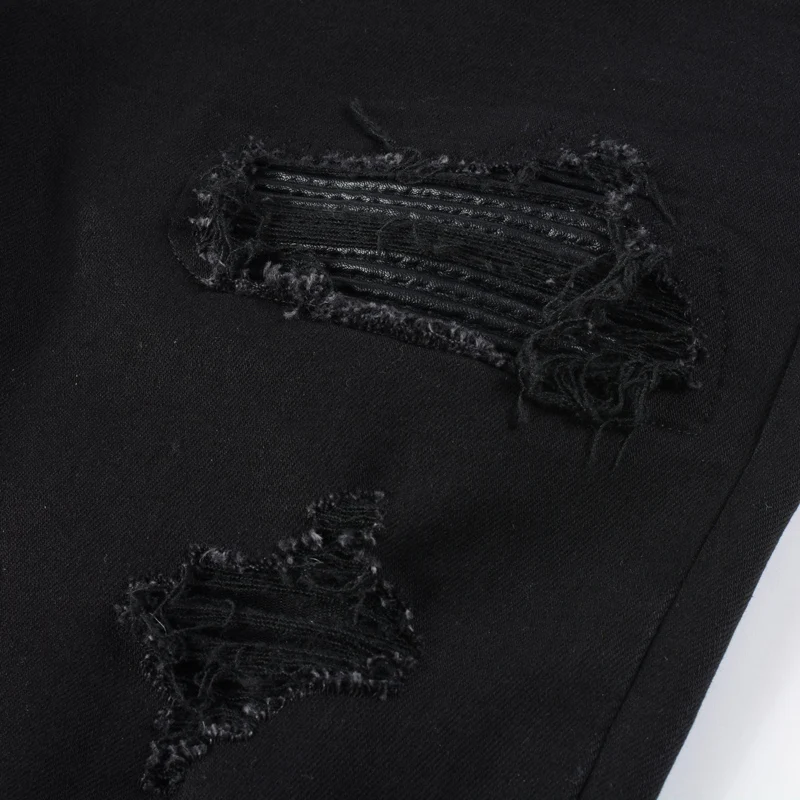 Street Fashion Men Jeans Black Slim Fit Stretch Ripped Jeans Men Punk Trousers Leather Patch Designer Hip Hop Brand Pants Hombre
