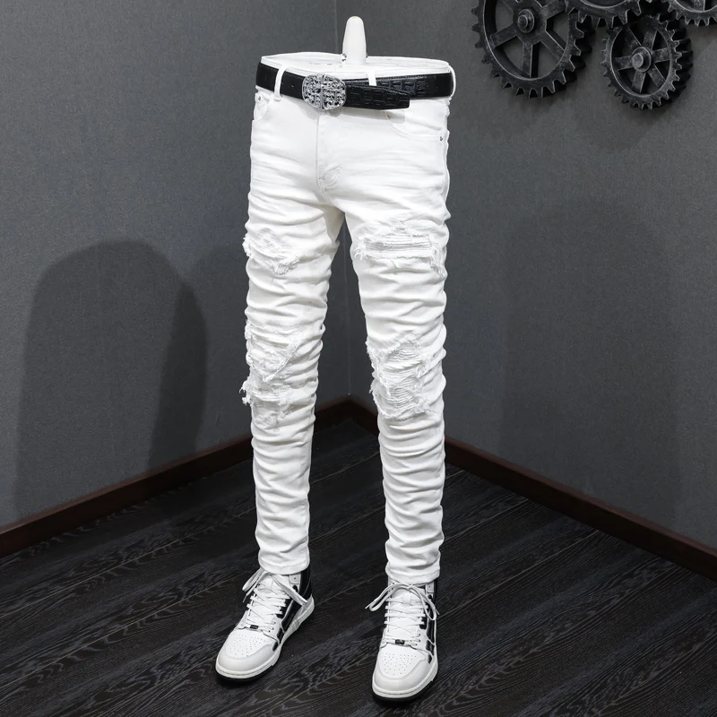 High Street Fashion Men Jeans White Elastic Stretch Skinny Fit Ripped Jeans Men Hole Patched Designer Hip Hop Brand Pants Hombre