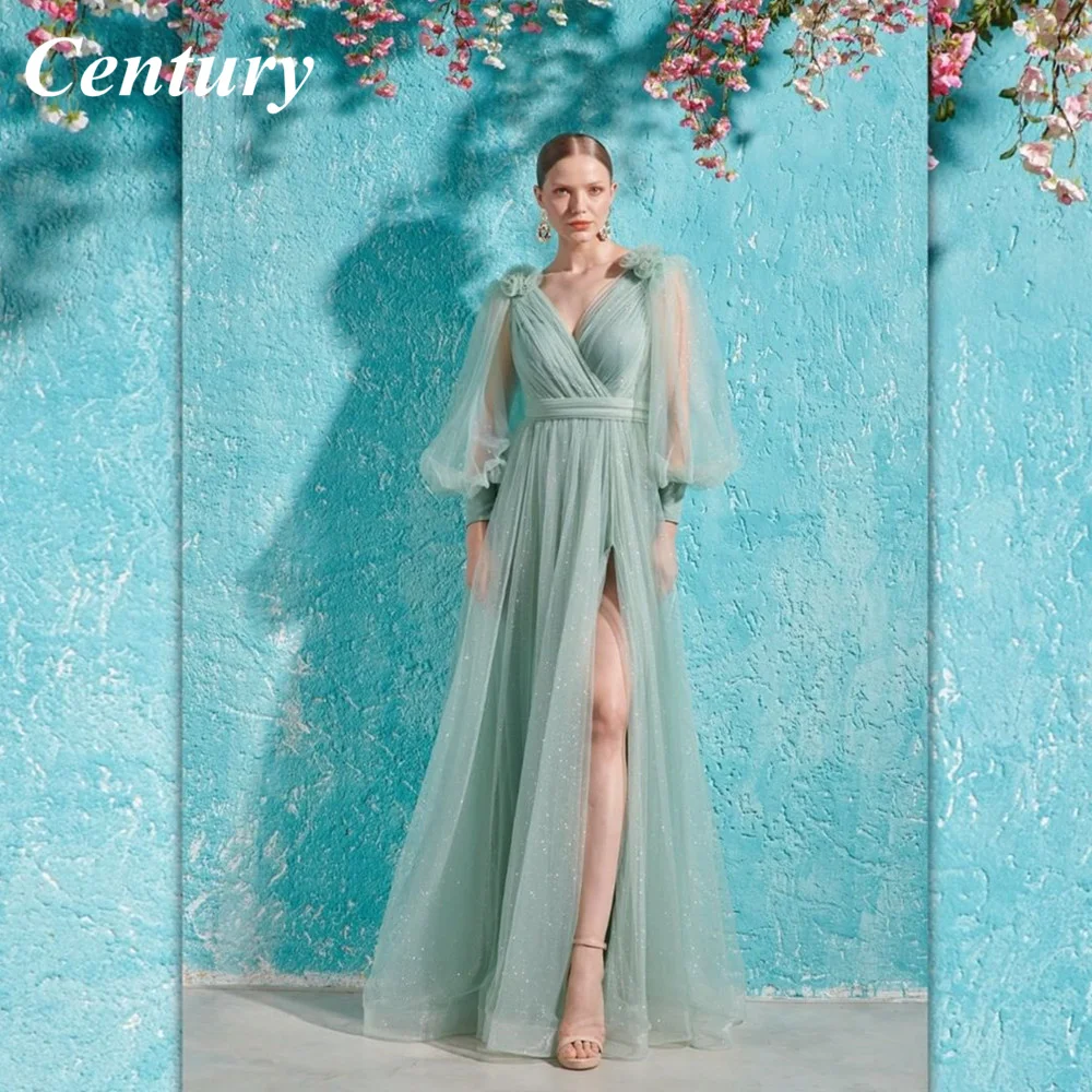 

Green Beach Evening Dresses High Split Elegant Dresses For Women V Neck Sequin Wedding Party Dress Sweep Train Robes De Soirée