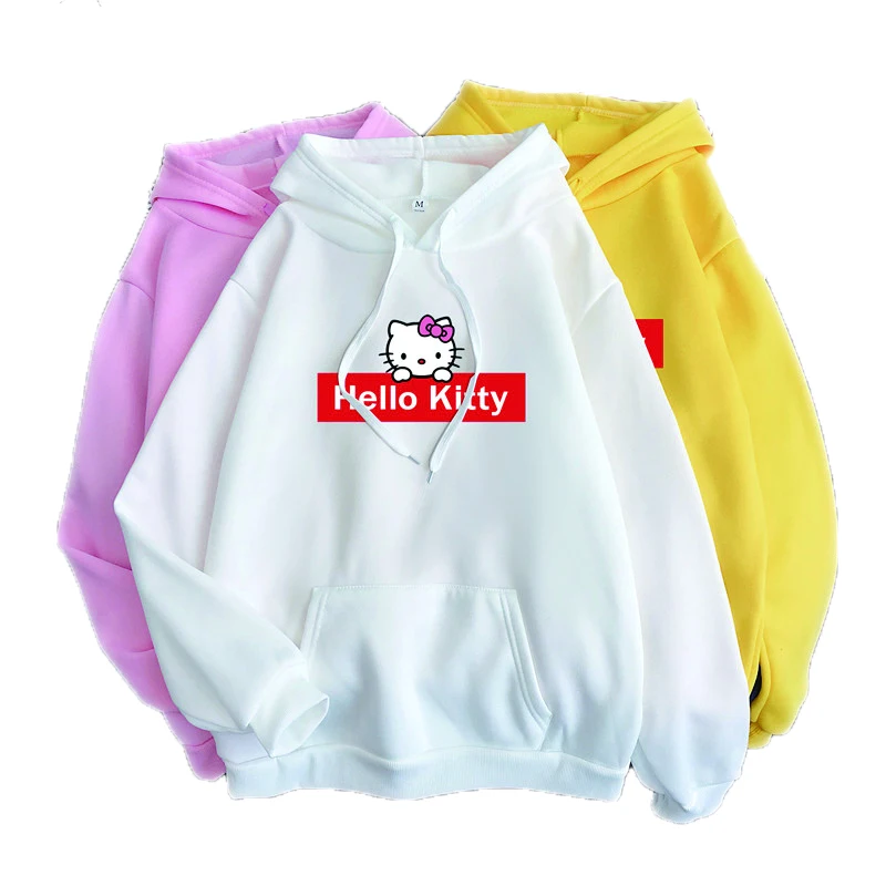 

Кавайная толстовка с капюшоном Hello Kitty из мультфильма аниме Свободный Топ для девушек Свободный корейский стиль многоцветная флисовая курт...