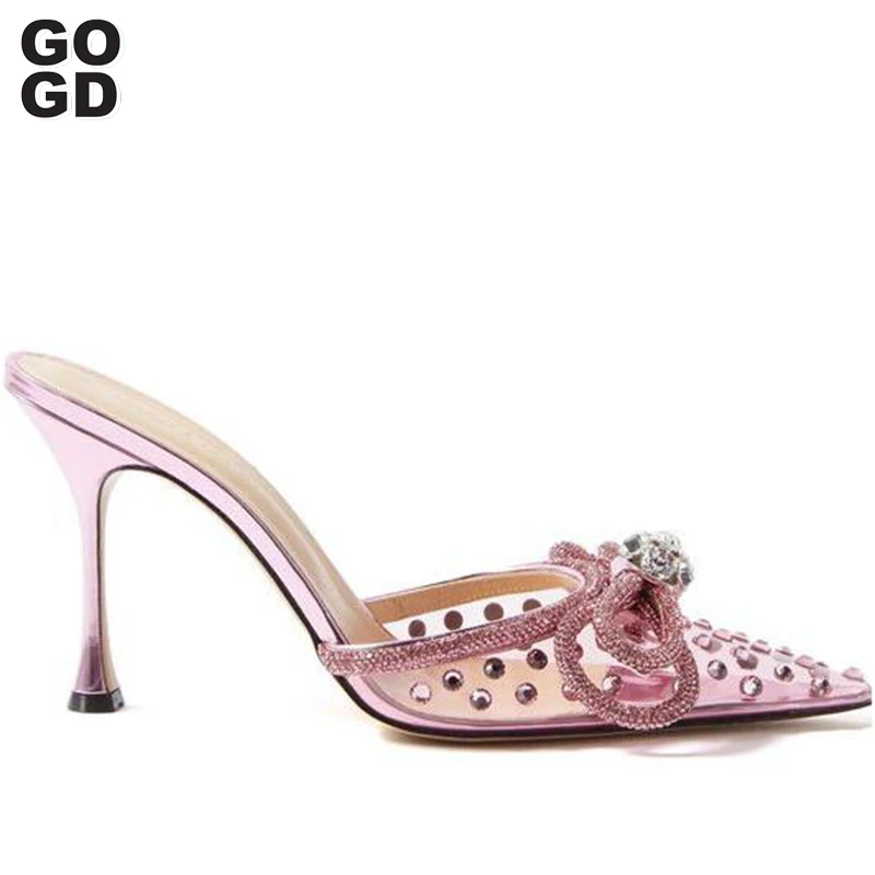 

GOGD Runway style Glitter Rhinestones Women Pumps Crystal bowknot Satin Summer Lady Shoes Genuine leather High heels Party bling