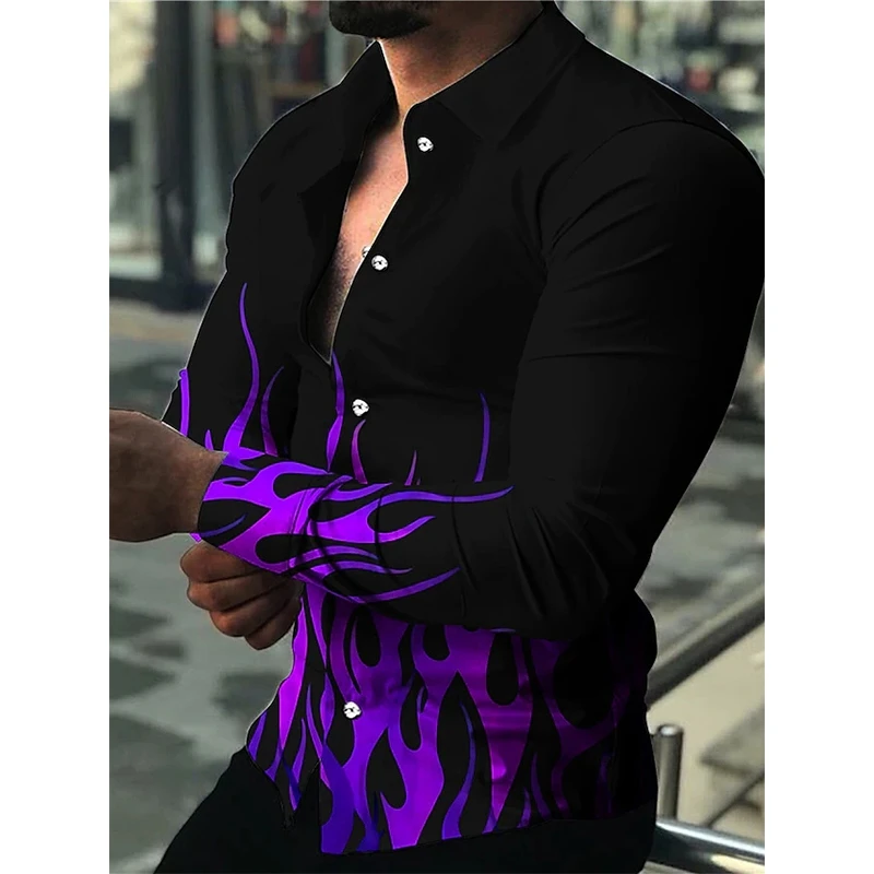 

Рубашка мужская оверсайз с длинным рукавом и принтом пламени