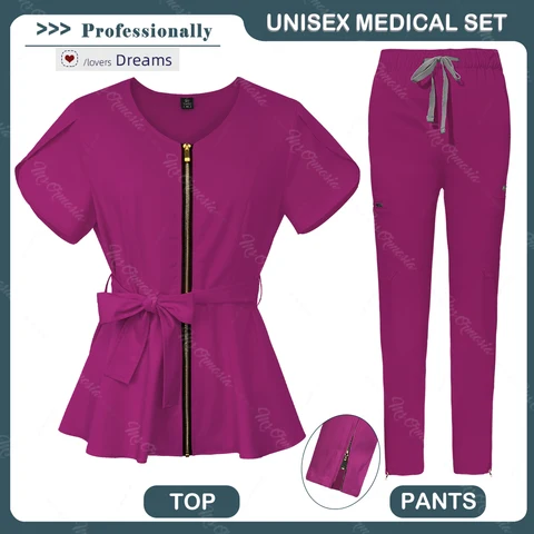 Медицинская униформа для женщин, комплект из топа на молнии и прямых брюк, униформа медсестры, костюм медсестры, рабочая одежда с коротким рукавом и круглым воротником, скрабы, карманы