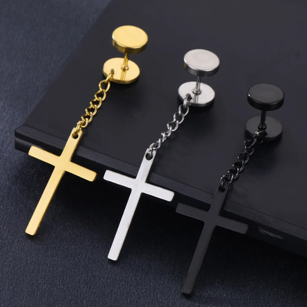 

2 Pieces Punk Gothic Stainless Steel Stud Earring Cross Round Fake Ear Taper Dumbbell Fashion Women Men Rock Jewelr Fashion