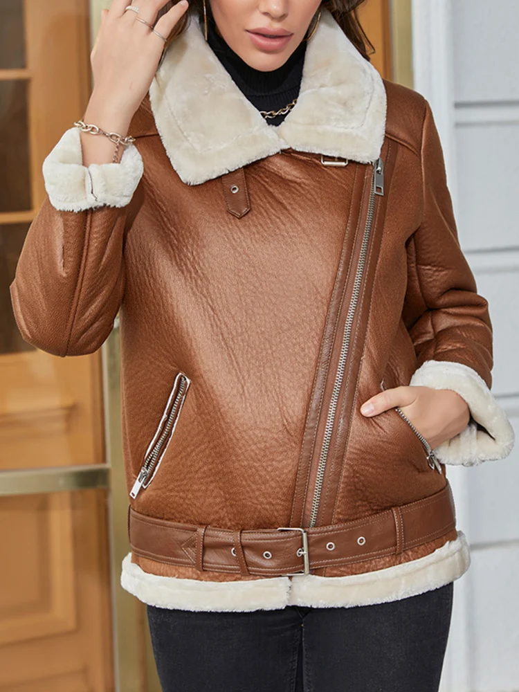 LY VAREY LIN New Winter Women Sheepskin Coat Thick Warm Faux Leather Jackets with Belt Fashion Fur Collar Motorcycle Overcoat