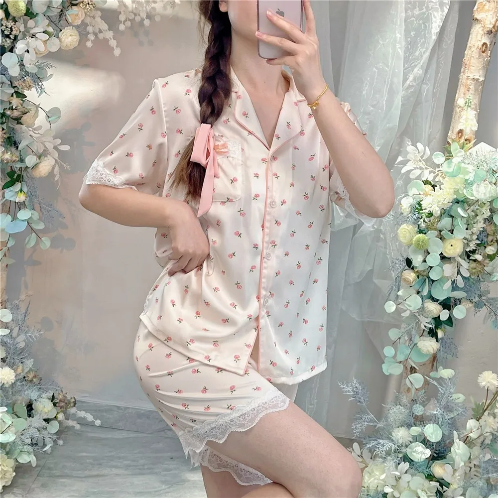 Pajamas Set Women Printed 2pcs Short-sleeved Single-breasted Top Loose Pants Floral Outside Home Clothes Women Sleepwear Pjs