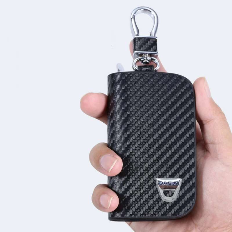 

KUNBABY 1 Pcs New Fashion Carbon Fiber Black Leather Car Key Case Keychain Holder Key Protector For Dacia Car Accessories