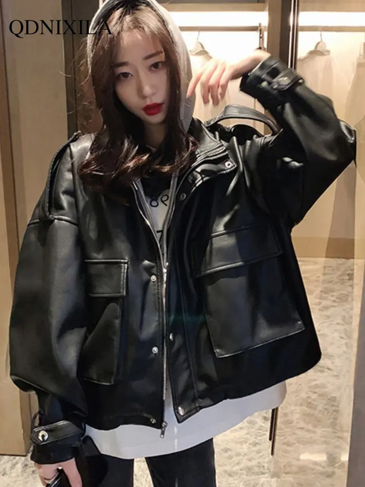 Leather Jacket Women Black PU Short Leather Jacket Motorcycle Suit Women's Spring Jackets Hoodies Women Oversize Winter Jacket
