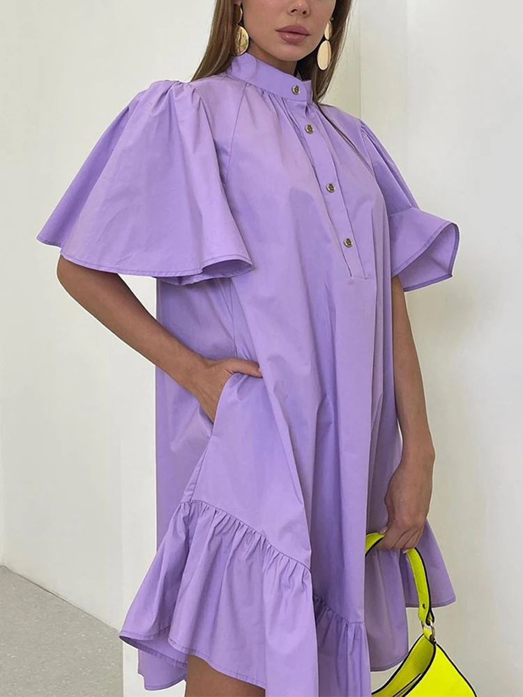 

2022 Ladies Stand Collar Party Commute Dress Solid Short Sleeve Mini Dress Ruffles Loose A Line Summer Dress Elegant Dress Robe